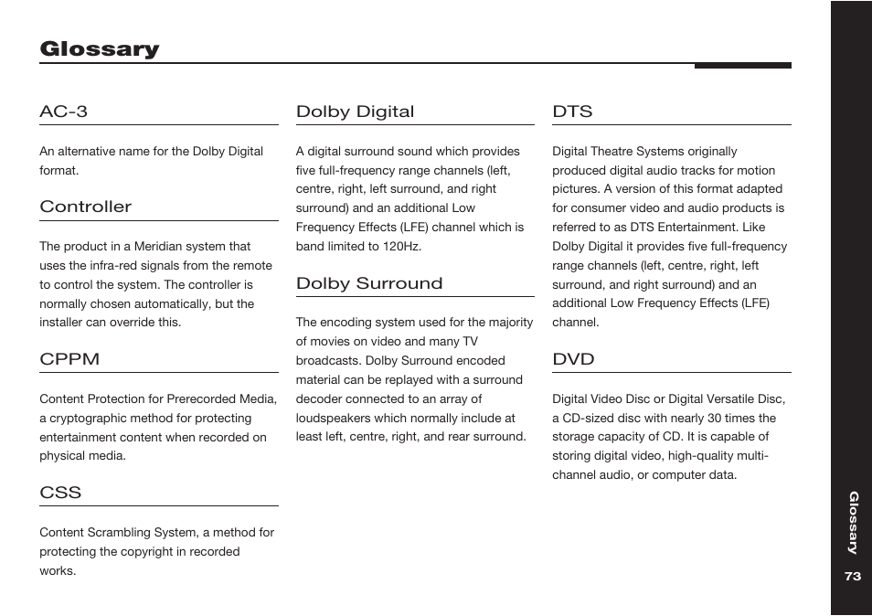 Glossary | Meridian America 598 User Manual | Page 80 / 87