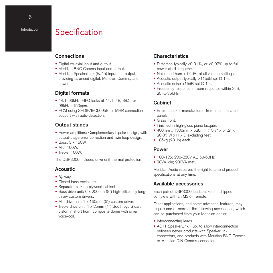 Specification | Meridian America DSP8000 User Manual | Page 10 / 40