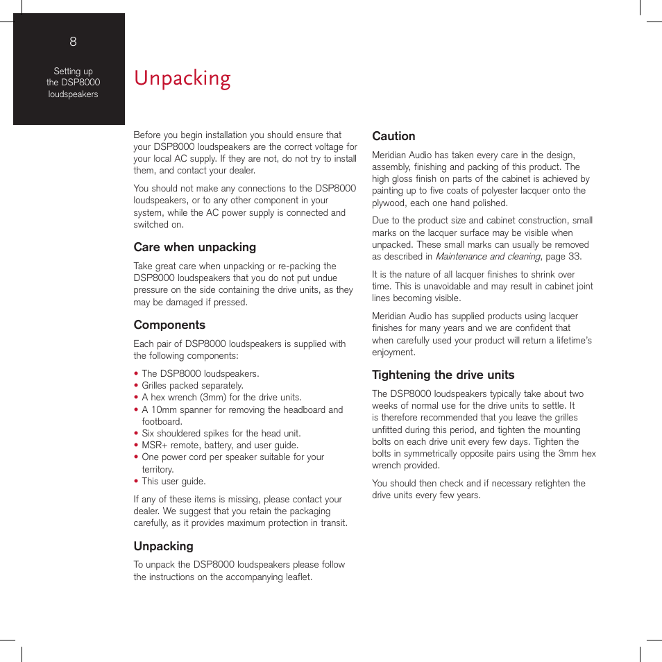 Unpacking | Meridian America DSP8000 User Manual | Page 12 / 40