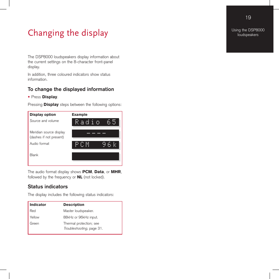 Changing the display, Radio 65, Pcm 96k | Meridian America DSP8000 User Manual | Page 23 / 40