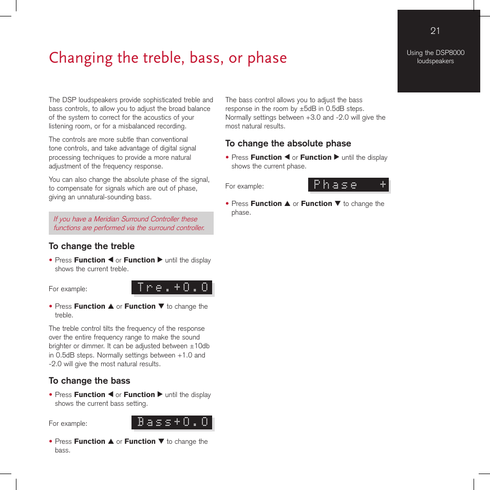 Changing the treble, bass, or phase, Tre.+0.0, Bass+0.0 | Phase | Meridian America DSP8000 User Manual | Page 25 / 40