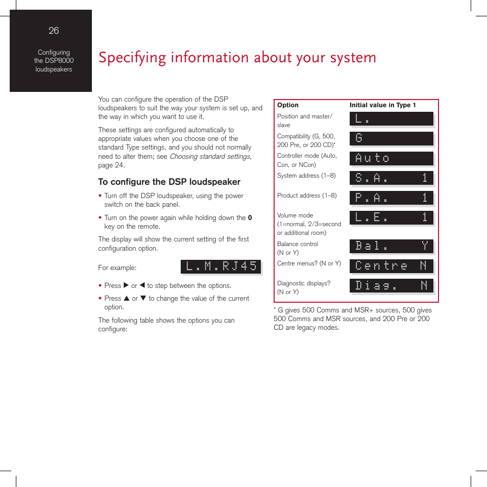 Specifying information about your system, L.m.rj45, Auto | S.a. 1, P.a. 1, L.e. 1, Bal. y, Centre n, Diag. n | Meridian America DSP8000 User Manual | Page 30 / 40