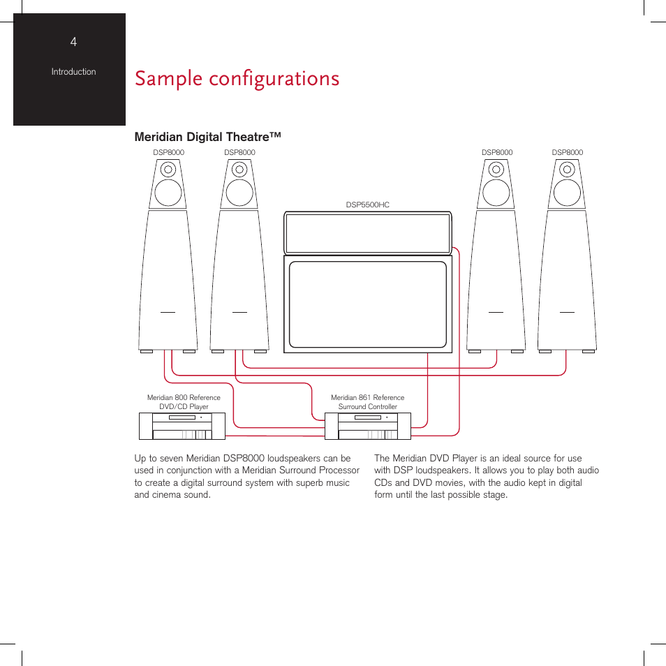 Sample configurations, Meridian digital theatre | Meridian America DSP8000 User Manual | Page 8 / 40