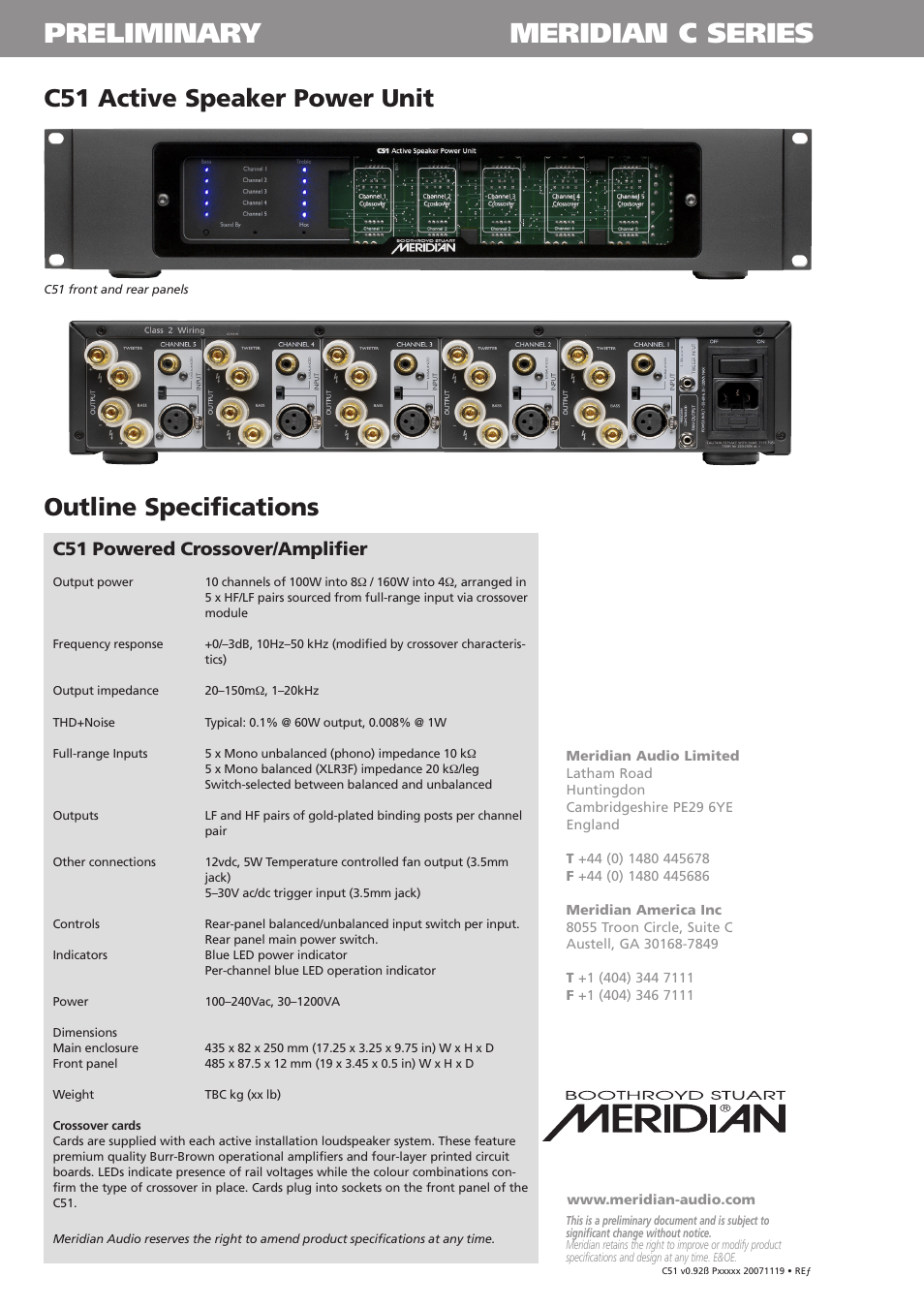 Preliminary meridian c series, C51 active speaker power unit, Outline specifications | C51 powered crossover/amplifier | Meridian America C51 User Manual | Page 2 / 2