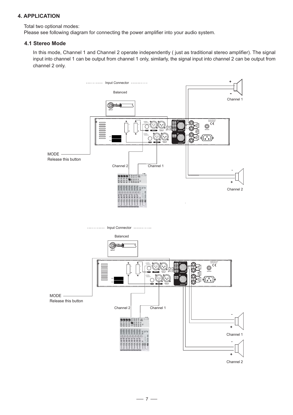 Application 4.1 stereo mode, Bridge mono, Bridge stereo | Off on, Mode release this button, Channel 2 channel 1, Channel 1, Channel 2, Channel 1 channel 2, Input connector balanced | Mistral 900 User Manual | Page 8 / 14