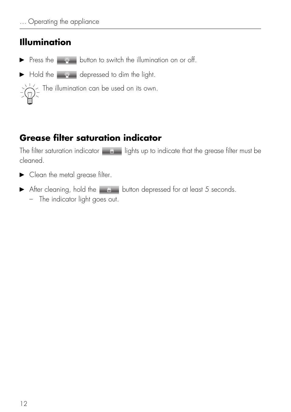 Illumination, Grease filter saturation indicator, Illumination grease filter saturation indicator | Mistral V ZUG LTD User Manual | Page 12 / 24