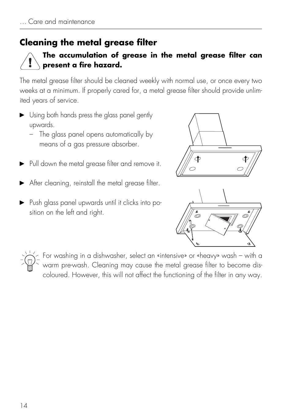 Cleaning the metal grease filter | Mistral V ZUG LTD User Manual | Page 14 / 24