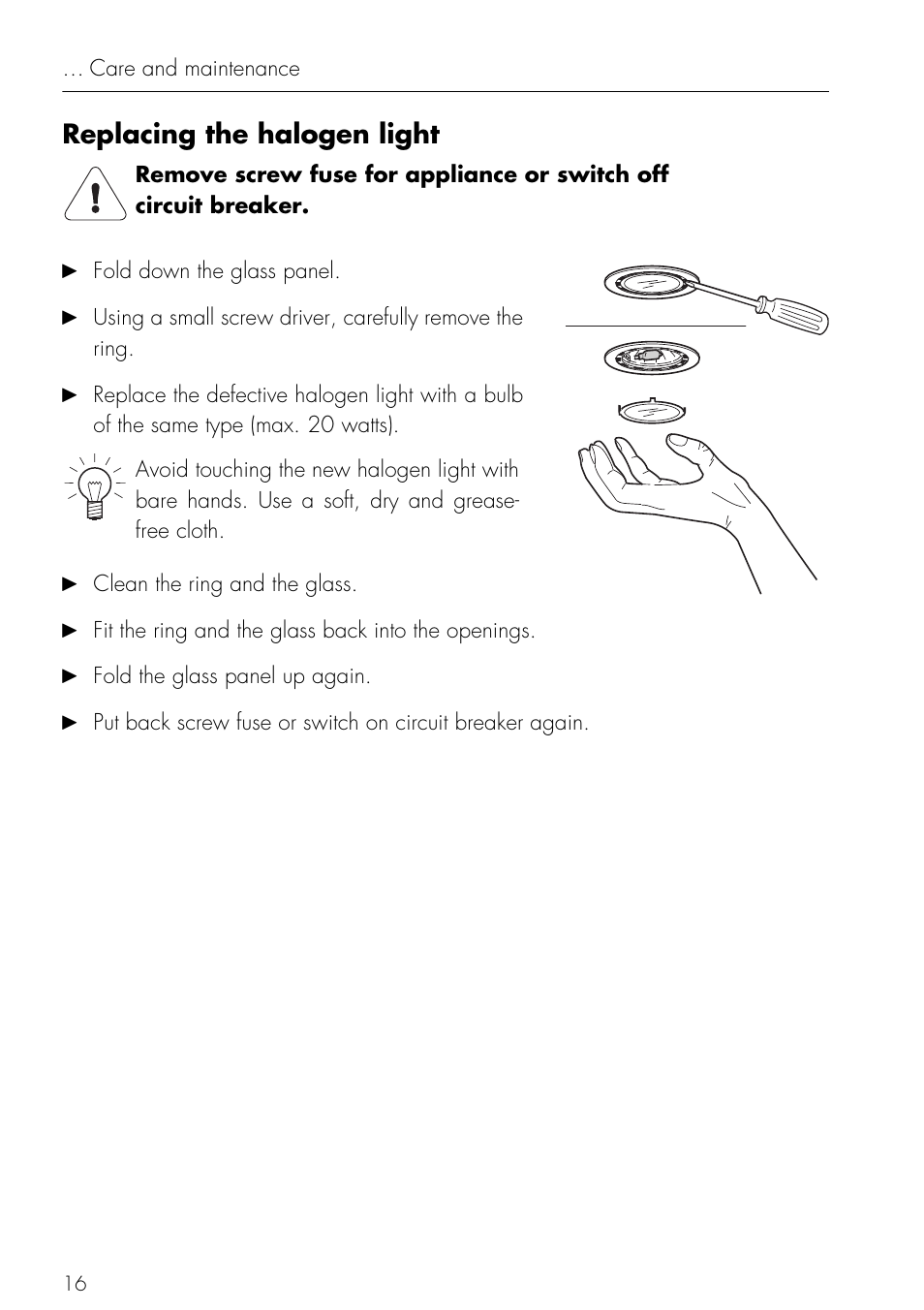 Replacing the halogen light | Mistral V ZUG LTD User Manual | Page 16 / 24