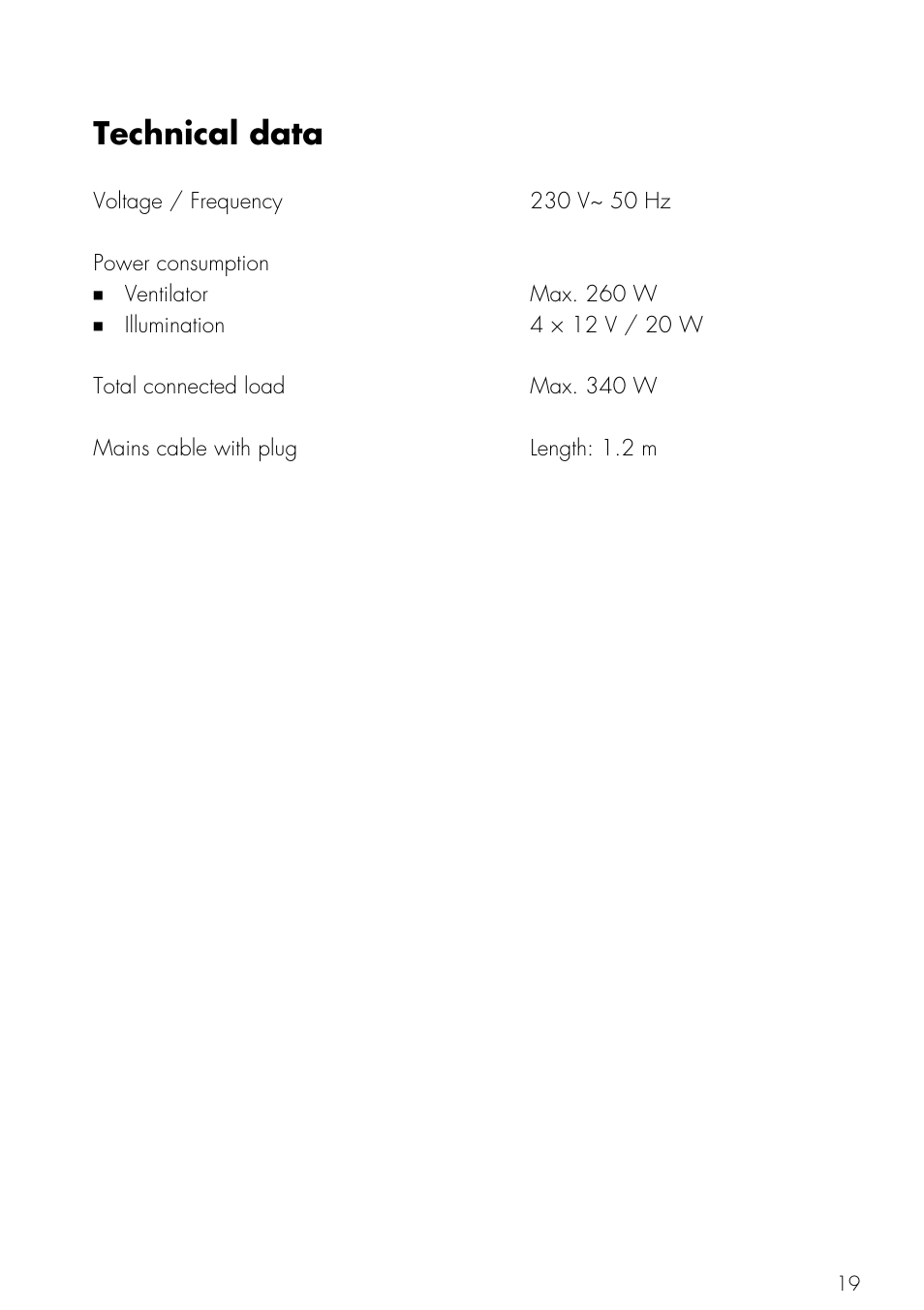 Technical data | Mistral V ZUG LTD User Manual | Page 19 / 24