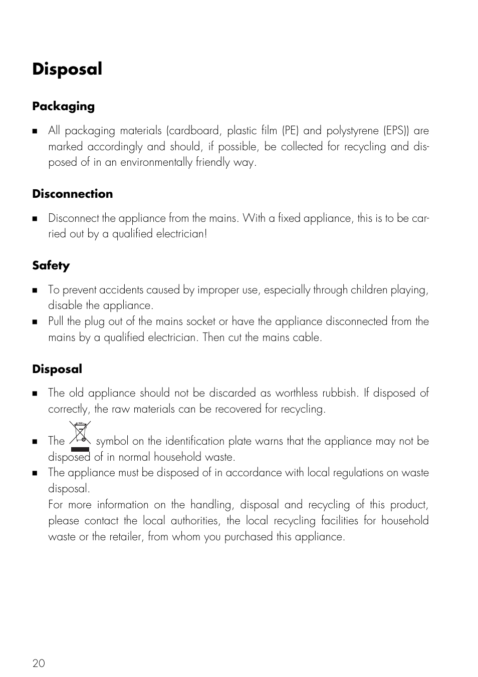 Disposal, Disposal 20 | Mistral V ZUG LTD User Manual | Page 20 / 24