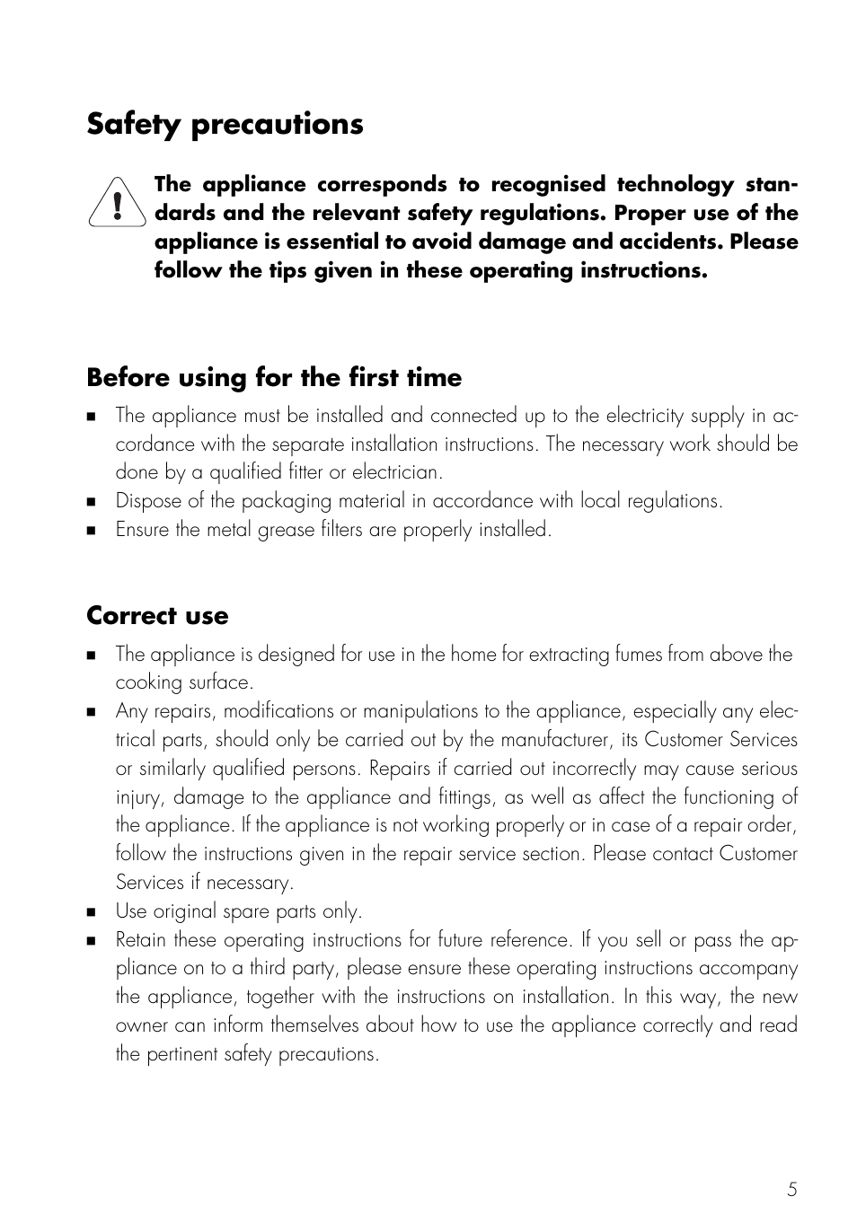 Safety precautions, Before using for the first time, Correct use | Before using for the first time correct use | Mistral V ZUG LTD User Manual | Page 5 / 24