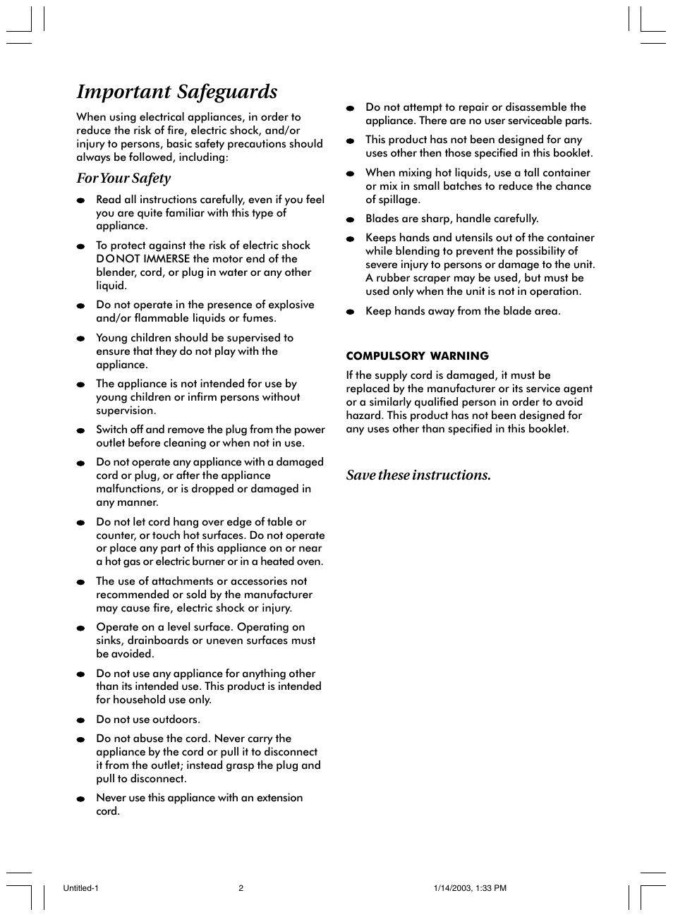 Important safeguards, For your safety, Save these instructions | Mistral SLENDER BLENDERTM MSB70 User Manual | Page 2 / 8