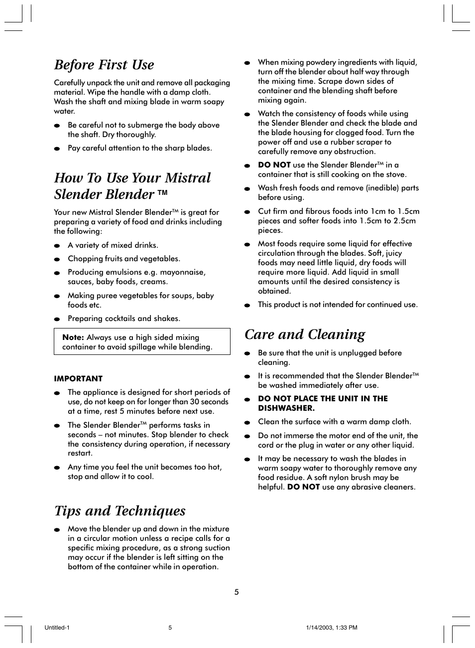 Before first use, How to use your mistral slender blender, Tips and techniques | Care and cleaning | Mistral SLENDER BLENDERTM MSB70 User Manual | Page 5 / 8