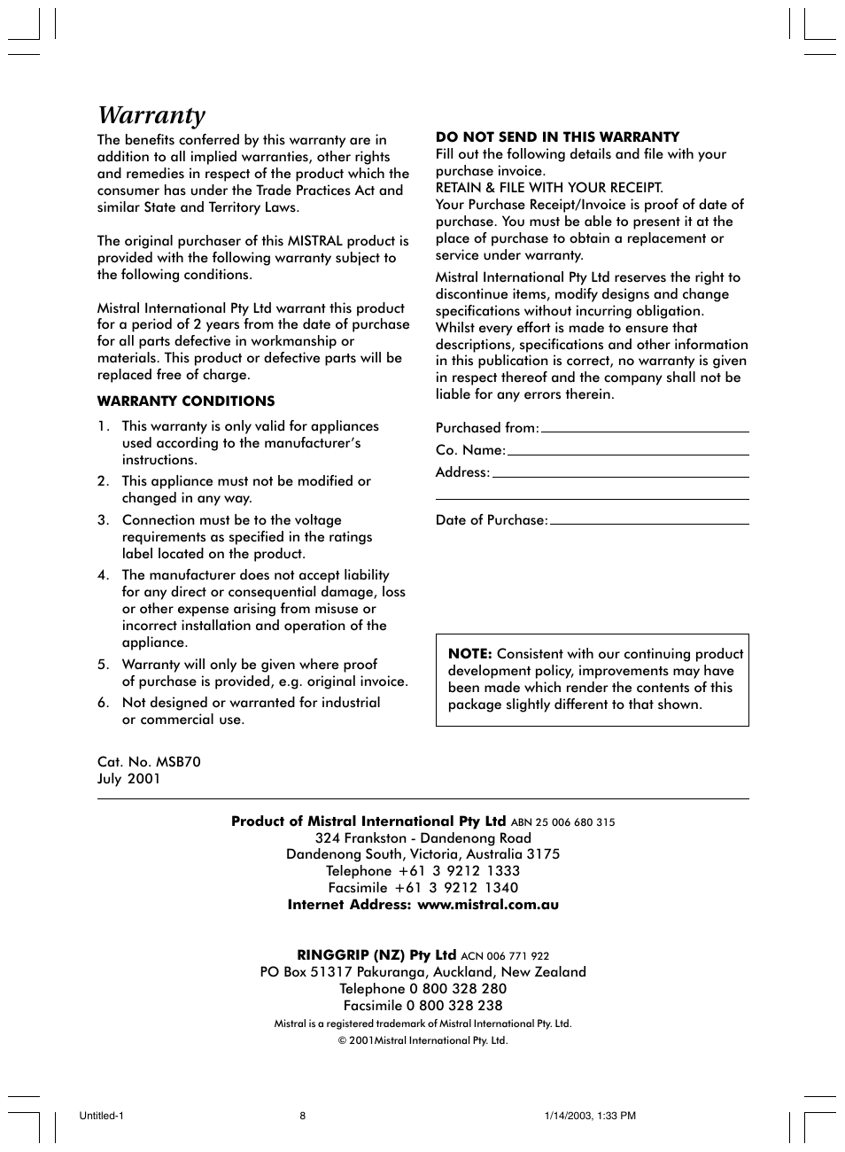 Warranty | Mistral SLENDER BLENDERTM MSB70 User Manual | Page 8 / 8