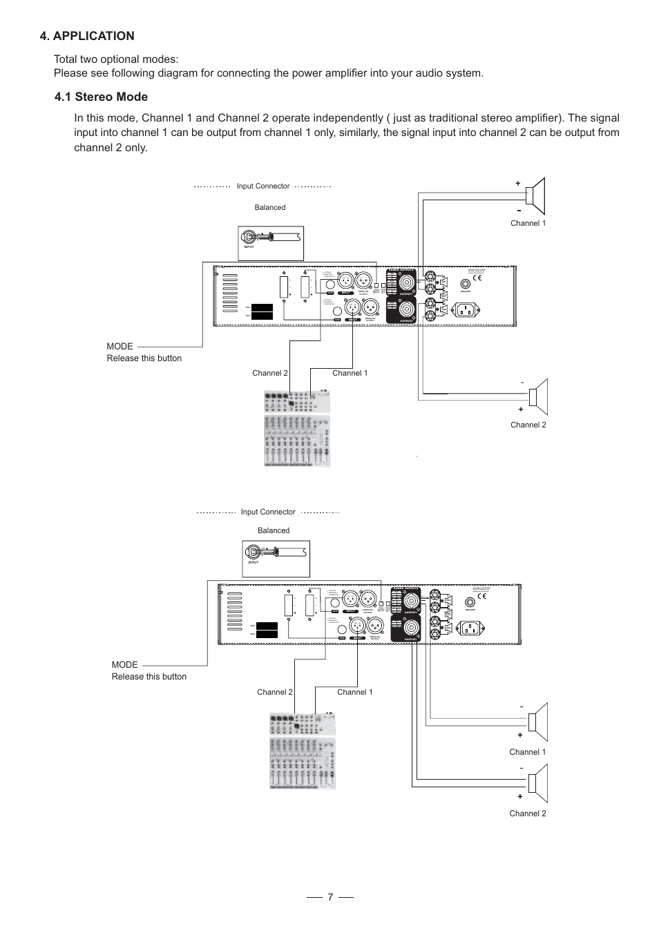 Application 4.1 stereo mode, Bridge mono, Bridge stereo | Off on, Mode release this button, Channel 2 channel 1, Channel 1, Channel 2, Channel 1 channel 2, Input connector balanced | Mistral LTO 900/1500 User Manual | Page 8 / 14