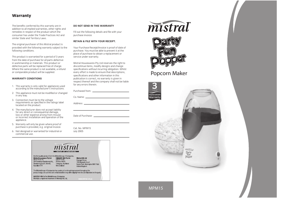 Mistral MPM15 User Manual | 5 pages