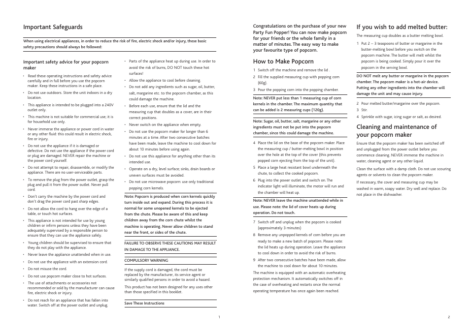 How to make popcorn, If you wish to add melted butter, Cleaning and maintenance of your popcorn maker | Important safeguards | Mistral MPM15 User Manual | Page 2 / 5