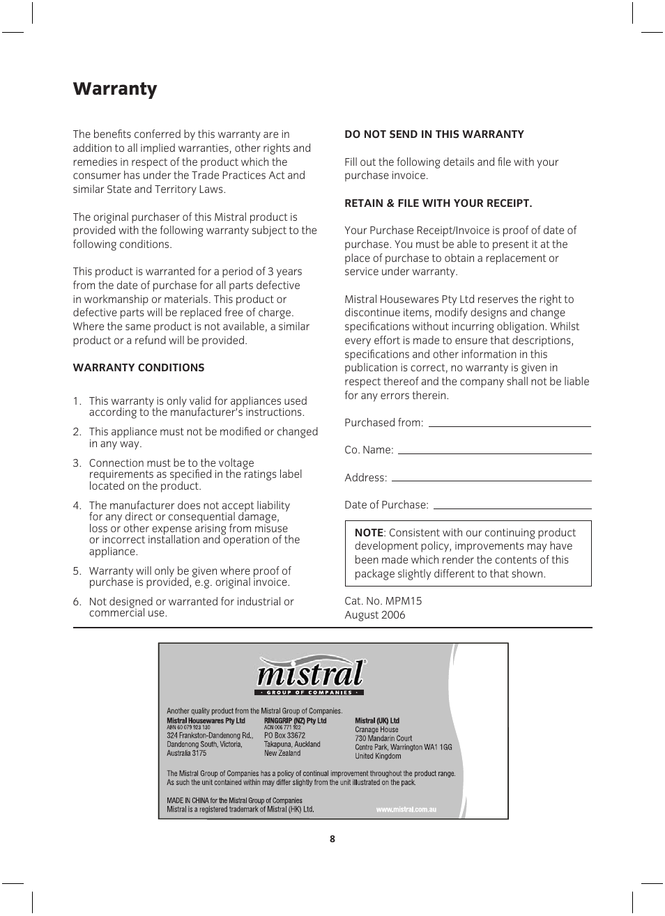 Warranty | Mistral MPM15 User Manual | Page 5 / 5