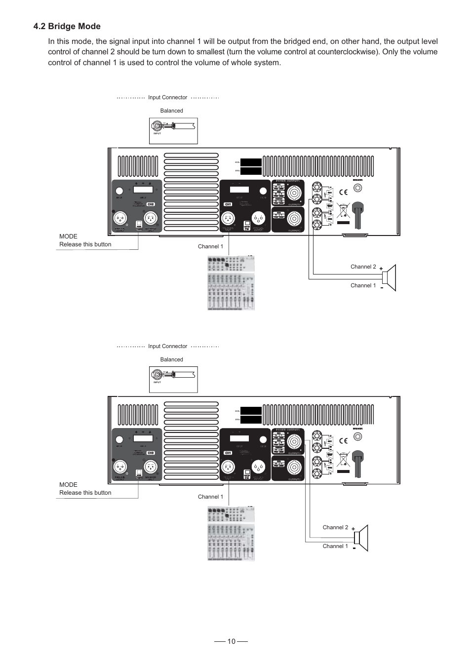 2 bridge mode, Mode release this button, Input connector balanced | Channel 1 channel 2 channel 1 | Mistral 6000 User Manual | Page 11 / 14