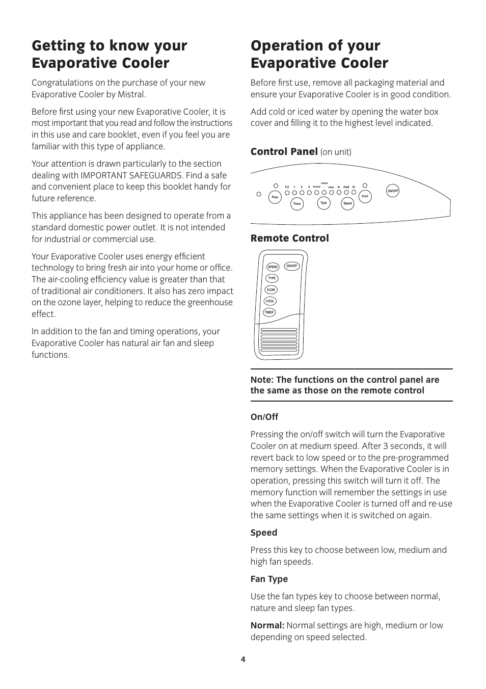 Control panel, Remote control, On unit) | Mistral MEC1R User Manual | Page 4 / 8