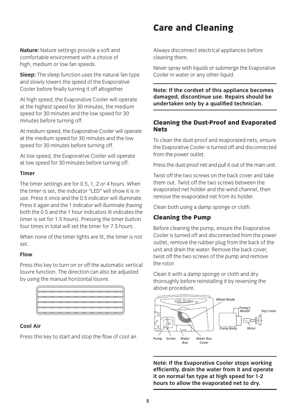 Care and cleaning, Cleaning the dust-proof and evaporated nets, Cleaning the pump | Mistral MEC1R User Manual | Page 5 / 8