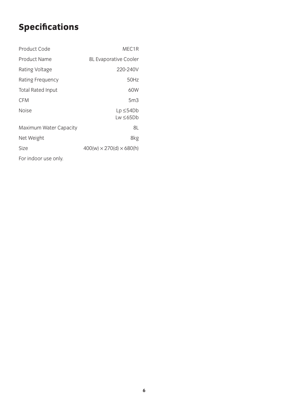 Speciﬁcations | Mistral MEC1R User Manual | Page 6 / 8