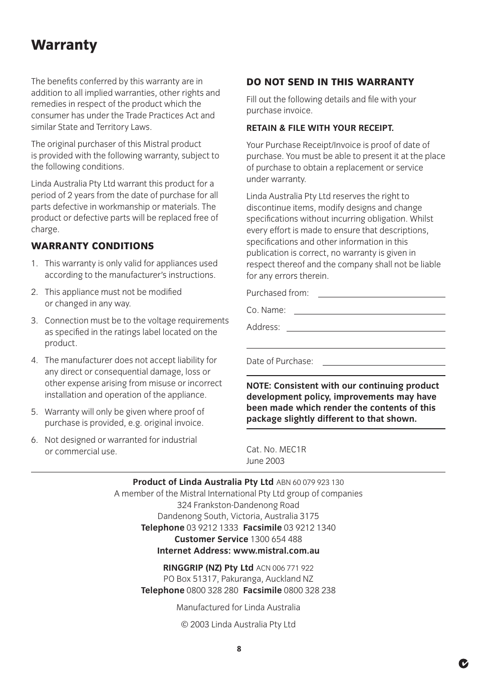 Warranty | Mistral MEC1R User Manual | Page 8 / 8