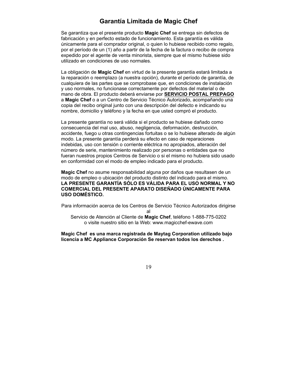 Garantía limitada de magic chef | Magic Chef MCSC3WO User Manual | Page 19 / 19