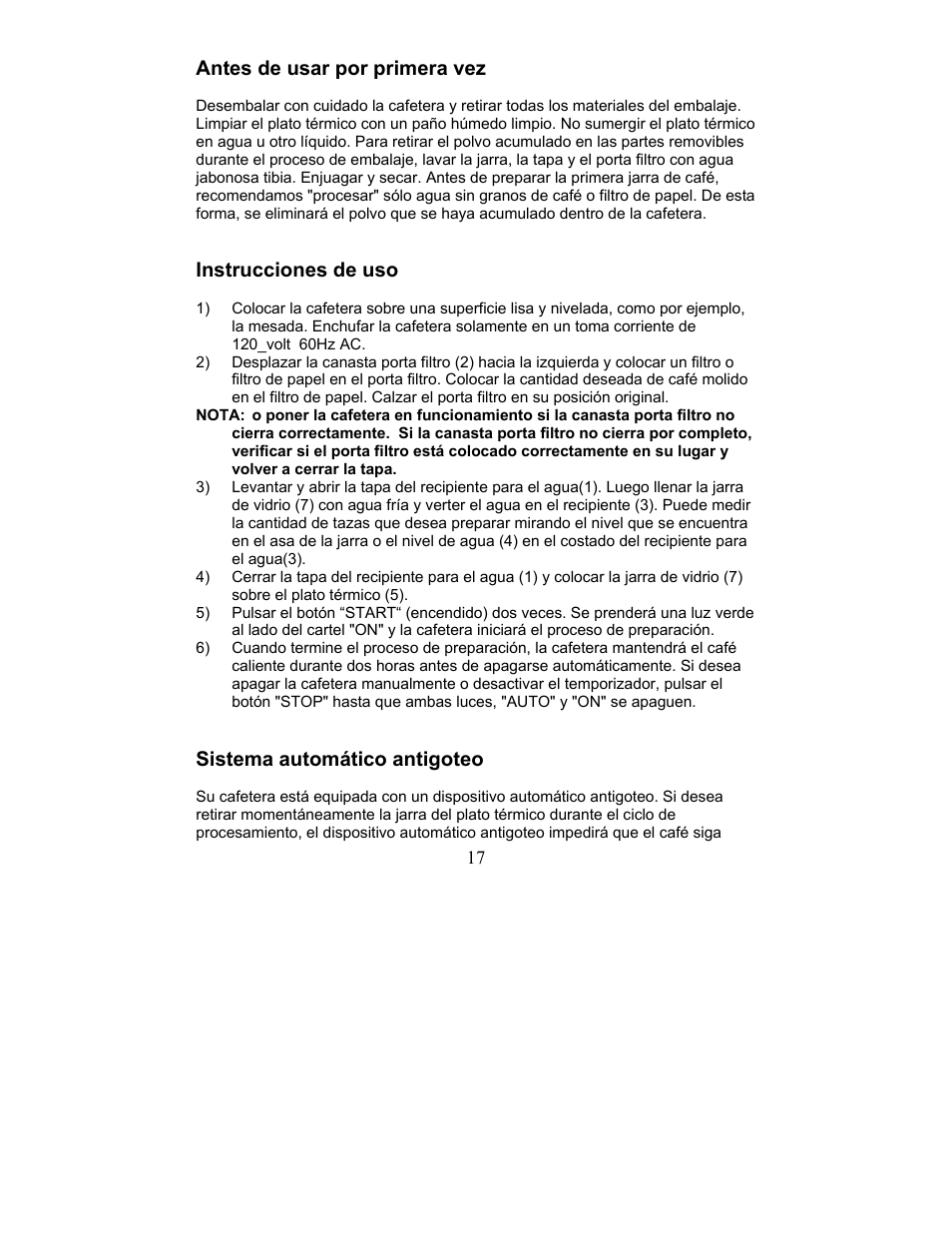 Sistema automatico antigoteo, Antes de usar por primera vez, Instrucciones de uso | Sistema automático antigoteo | Magic Chef MCCM1TW12 User Manual | Page 17 / 21