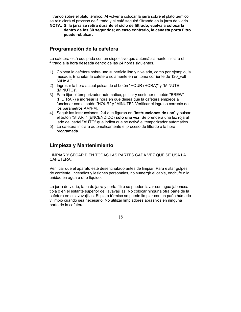 Programación de la cafetera, Limpieza y mantenimiento | Magic Chef MCCM1TW12 User Manual | Page 18 / 21