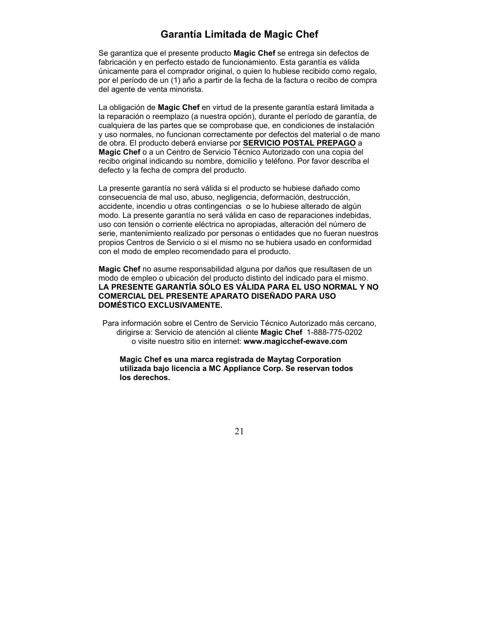 Garantía limitada de magic chef | Magic Chef MCCM1TW12 User Manual | Page 21 / 21