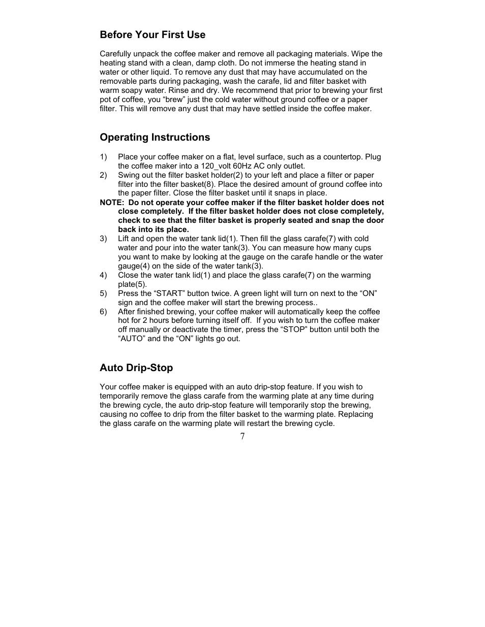 Before your first use, Operating instructions, Auto drip-stop | Magic Chef MCCM1TW12 User Manual | Page 7 / 21