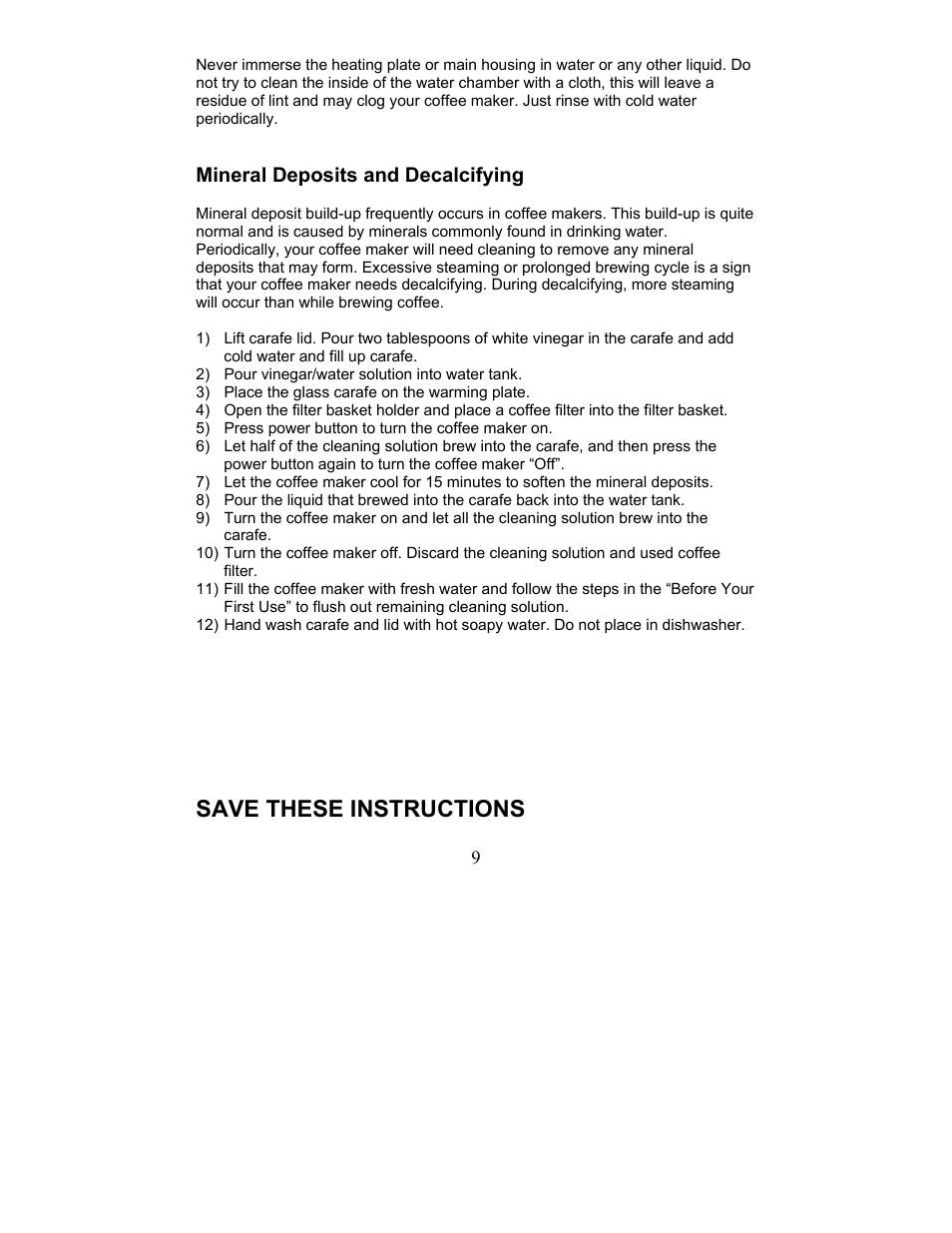 Mineral deposits and decalcifying, Save these instructions | Magic Chef MCCM1TW12 User Manual | Page 9 / 21