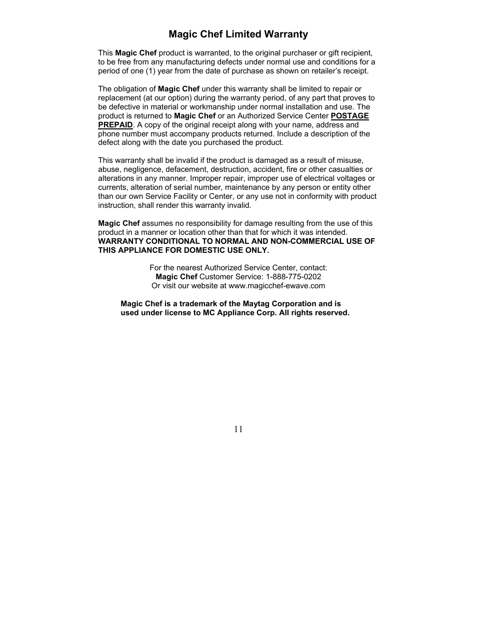 Magic chef limited warranty | Magic Chef MCECM1NB User Manual | Page 11 / 22