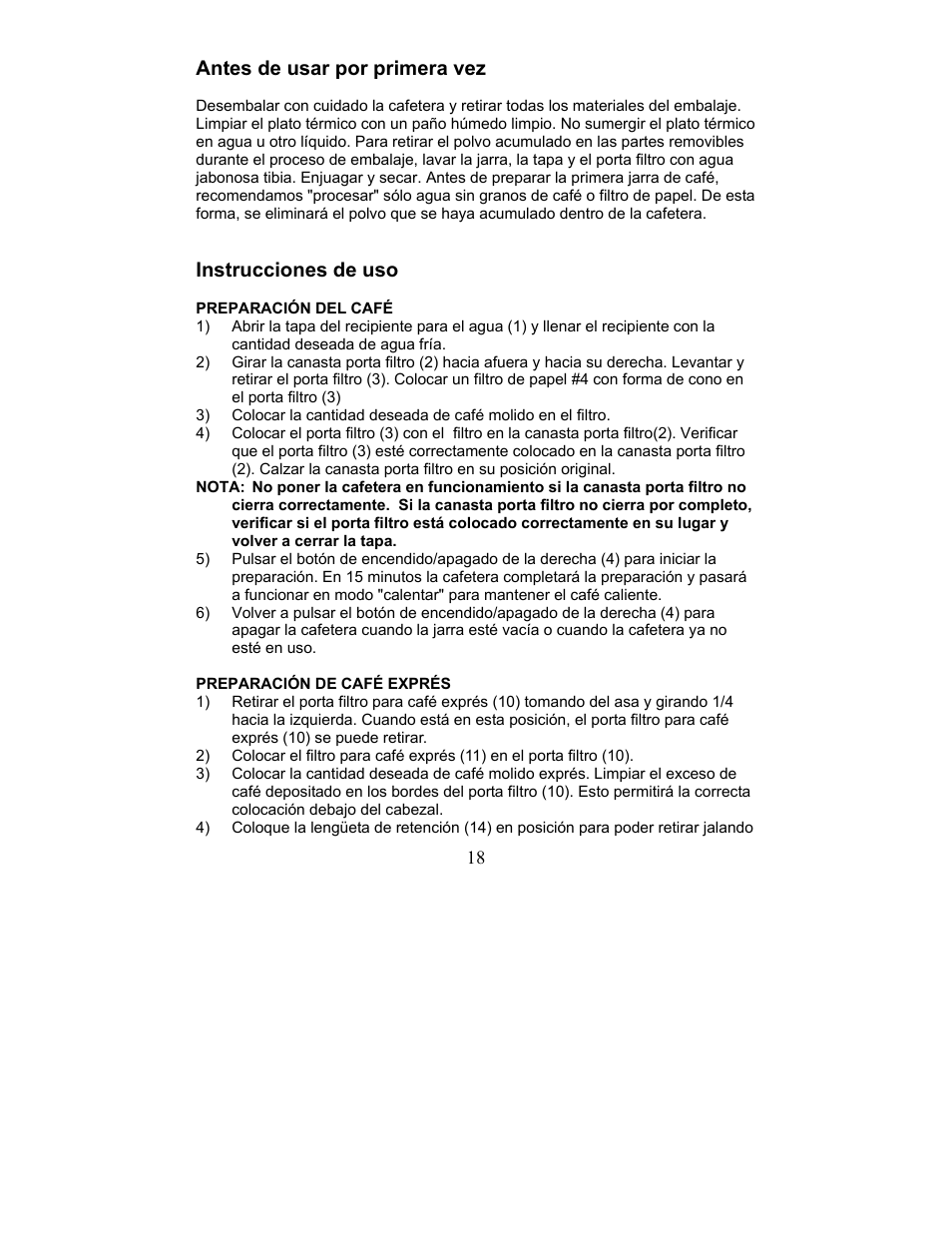 Preparacion de cafe expres, Antes de usar por primera vez, Instrucciones de uso | Magic Chef MCECM1NB User Manual | Page 18 / 22