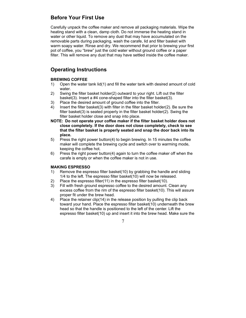 Before your first use, Operating instructions, Brewing coffee | Magic Chef MCECM1NB User Manual | Page 7 / 22