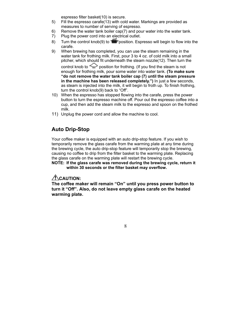 Auto drip-stop | Magic Chef MCECM1NB User Manual | Page 8 / 22