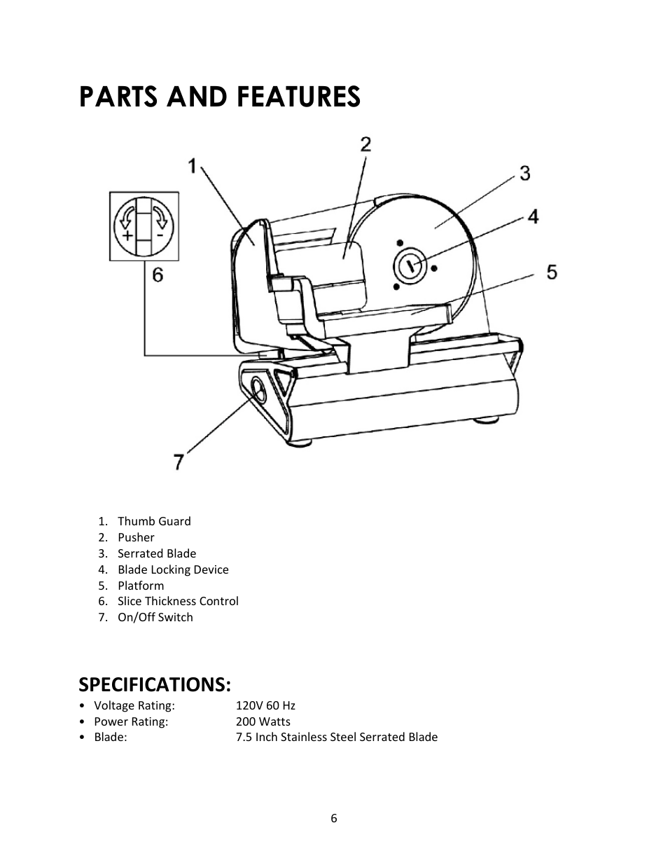 Parts and features, Specifications | Magic Chef MCSFS200SV User Manual | Page 6 / 9