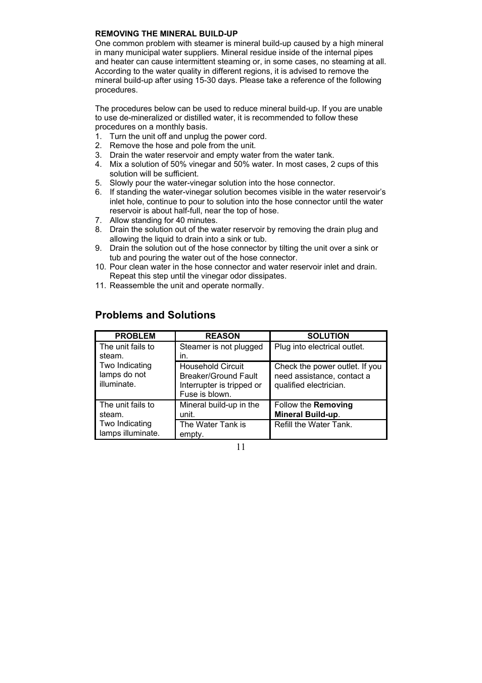 Problems and solutions | Magic Chef Garment Steamer User Manual | Page 11 / 13
