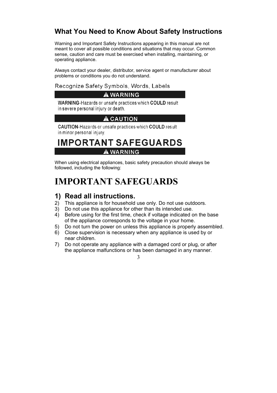 Important safeguards, What you need to know about safety instructions, 1) read all instructions | Magic Chef Garment Steamer User Manual | Page 3 / 13
