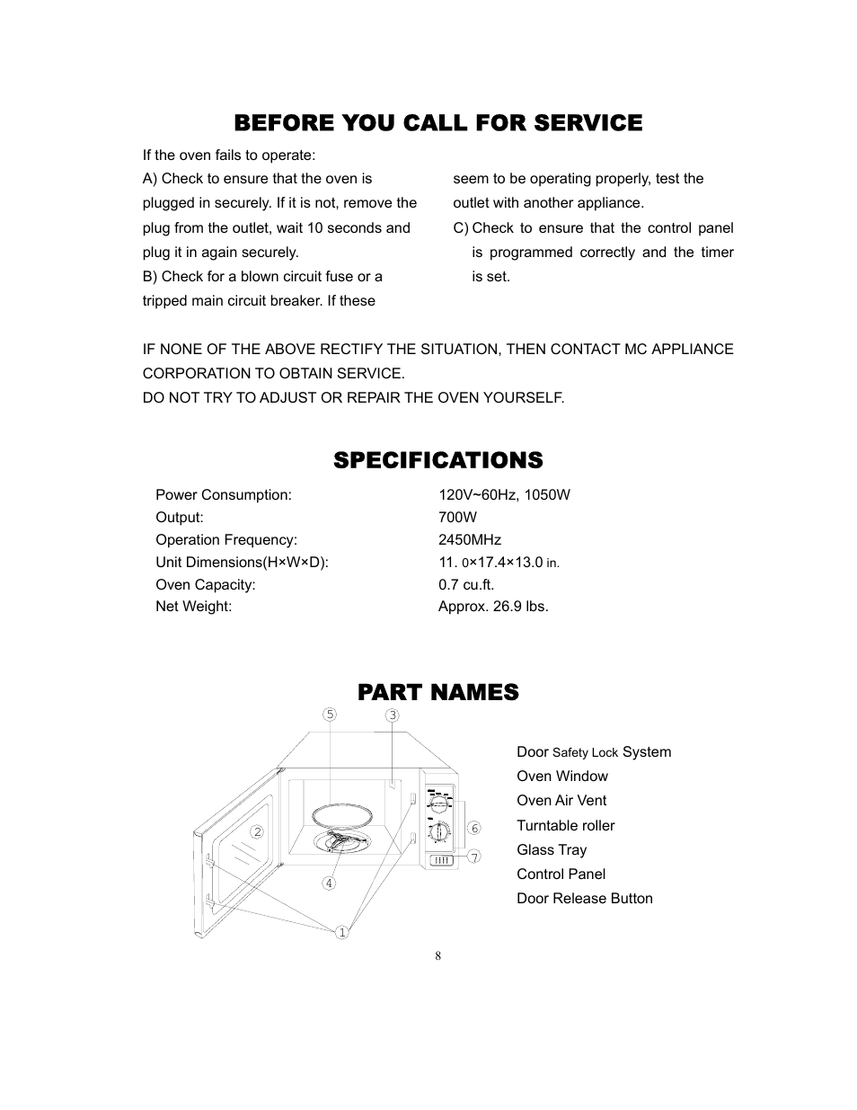 Before you call for service, Specifications, Part names | Magic Chef MCD775RW User Manual | Page 9 / 13