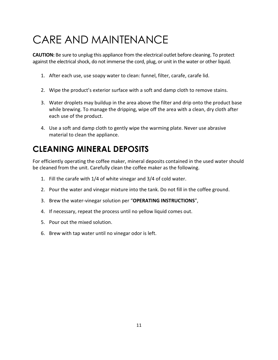 Care and maintenance, Cleaning mineral deposits | Magic Chef MCSCM12PST User Manual | Page 11 / 12