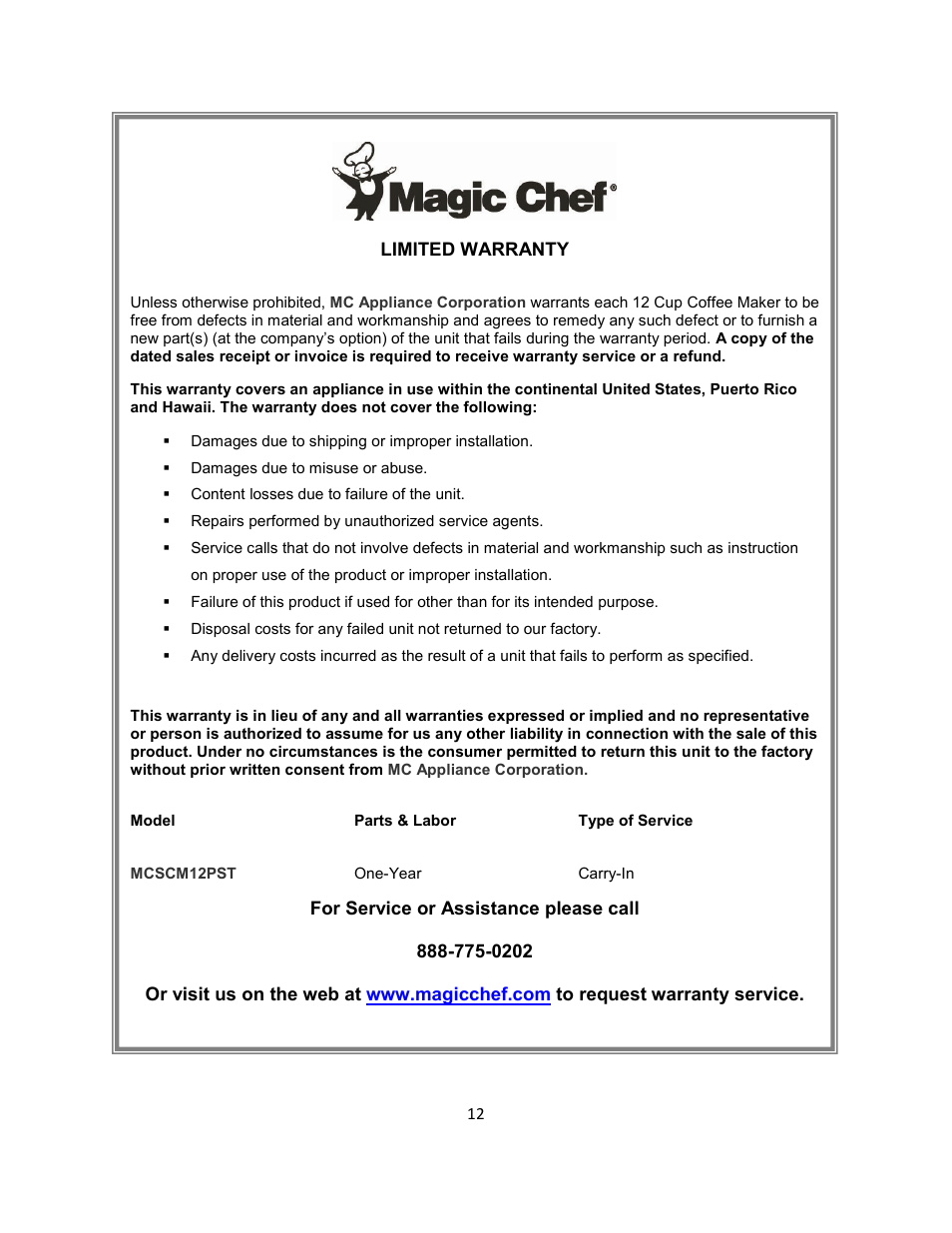 Magic Chef MCSCM12PST User Manual | Page 12 / 12