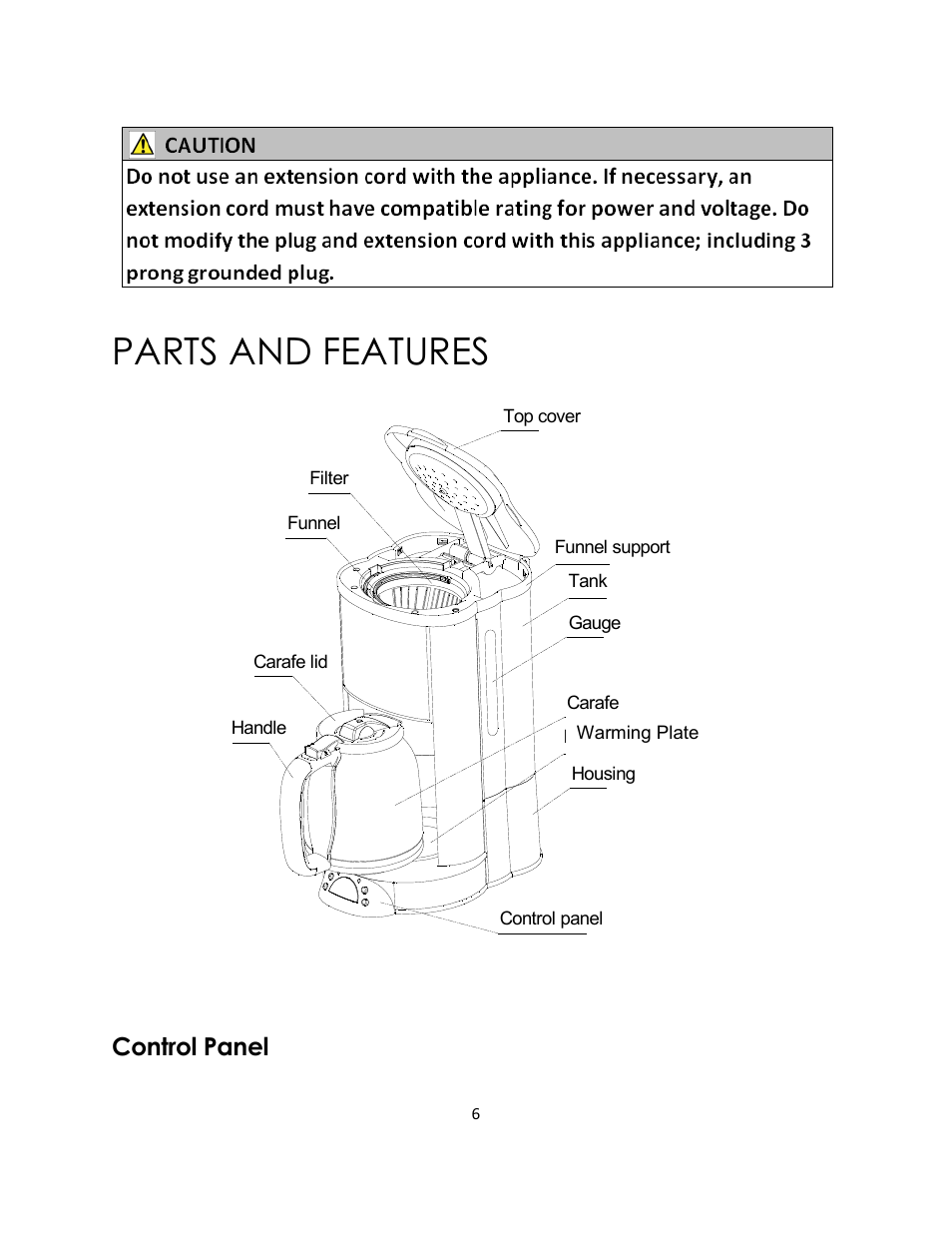 Parts and features, Control panel | Magic Chef MCSCM12PST User Manual | Page 6 / 12