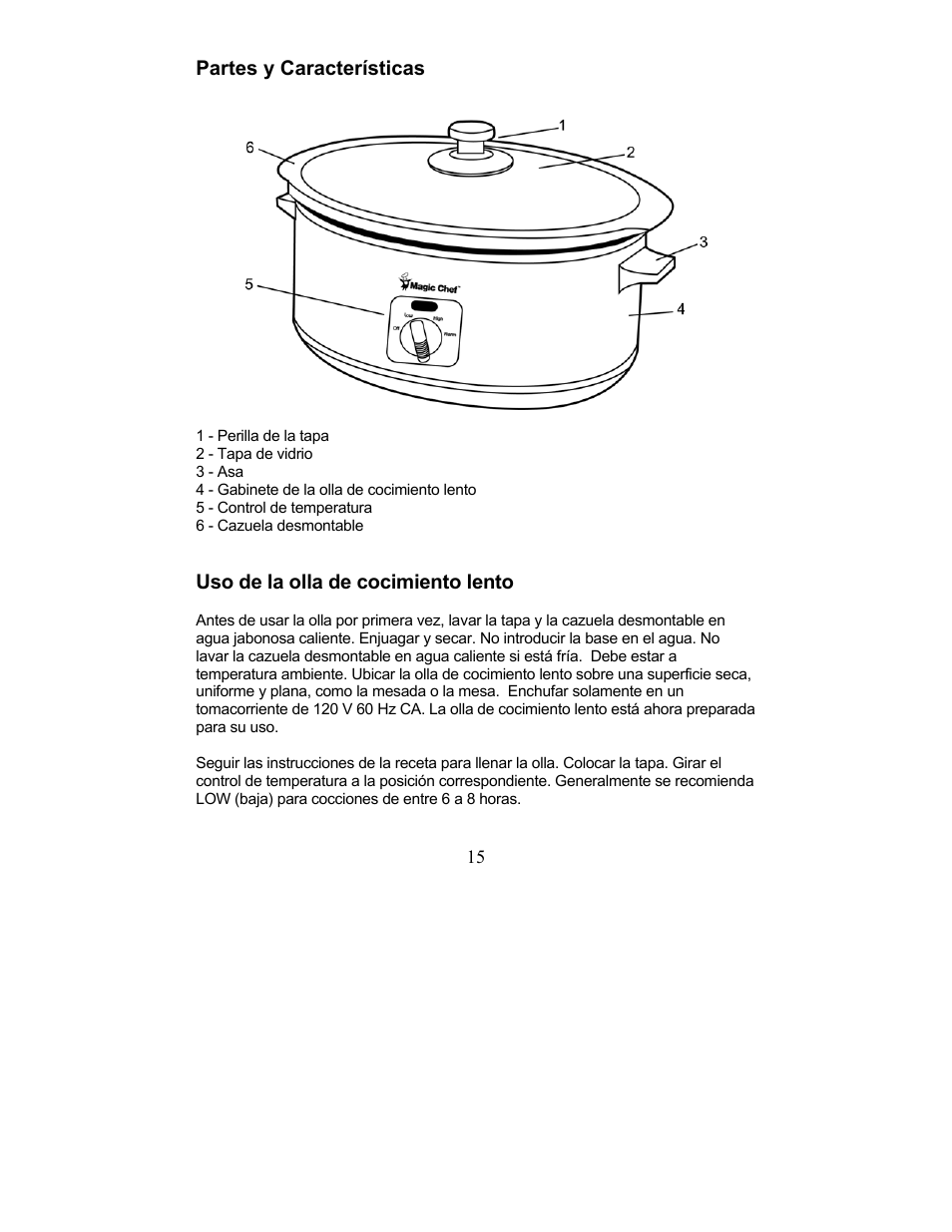 Partes y caracteristicas, Uso de la olla de cocimiento lento | Magic Chef MCSC3CO User Manual | Page 15 / 19