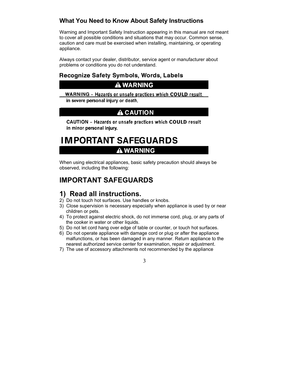 What you need to know about safety instructions, Important safeguards, 1) read all instructions | Magic Chef MCSC3CO User Manual | Page 3 / 19