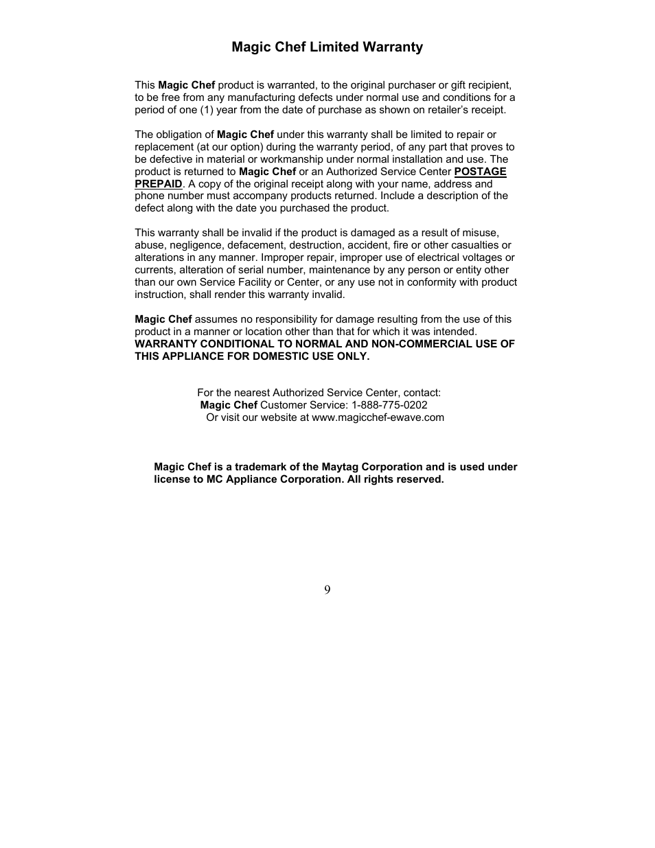 Magic Chef MCSC3CO User Manual | Page 9 / 19