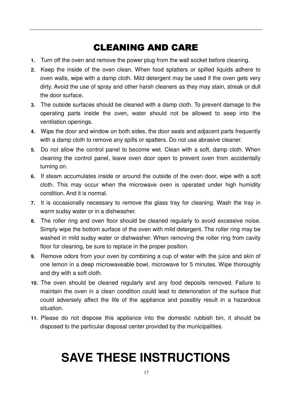 Save these instructions, Cleaning and care | Magic Chef MCD990STG User Manual | Page 18 / 19
