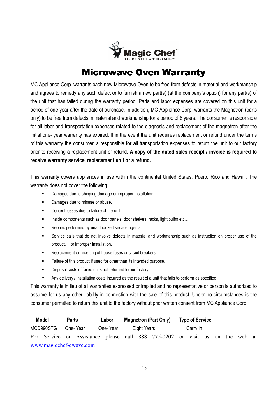 Magic Chef MCD990STG User Manual | Page 19 / 19