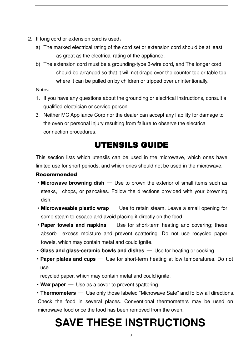 Save these instructions, Utensils guide | Magic Chef MCD990STG User Manual | Page 6 / 19